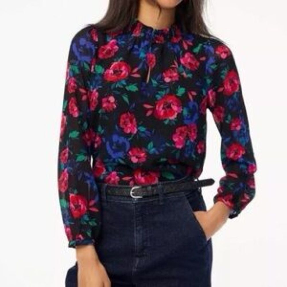 J Crew Smocked Neck Bright Floral Long Sleeve Keyhole Blouse Top Size S
